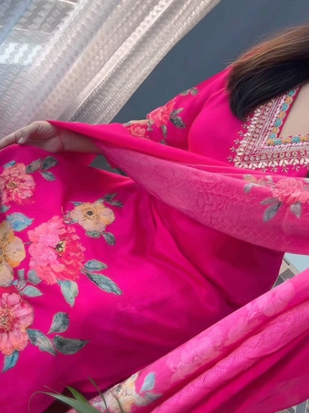 Elegant Deep Blue Floral Printed Anarkali Suit Set with Dupatta