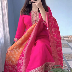 Fuchsia Pink Embroidered Silk Salwar Suit with Banarasi Silk Dupatta