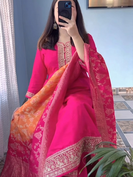 Fuchsia Pink Embroidered Silk Salwar Suit with Banarasi Silk Dupatta