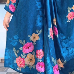 Elegant Deep Blue Floral Printed Anarkali Suit Set with Dupatta