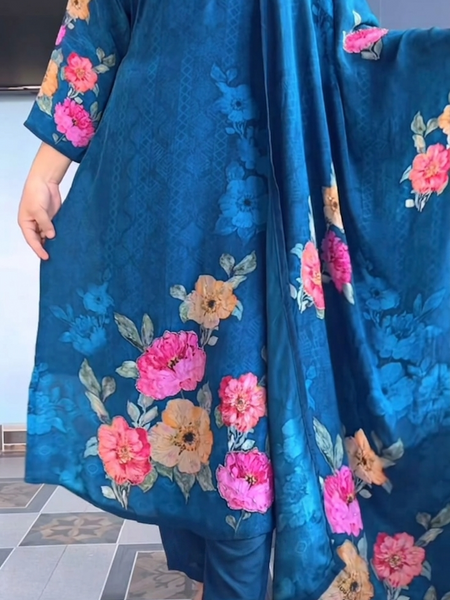 Elegant Deep Blue Floral Printed Anarkali Suit Set with Dupatta