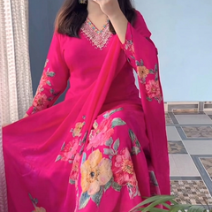 Elegant Deep Blue Floral Printed Anarkali Suit Set with Dupatta