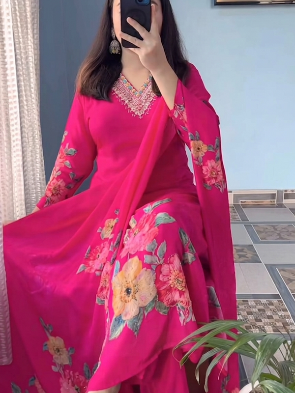 Elegant Deep Blue Floral Printed Anarkali Suit Set with Dupatta