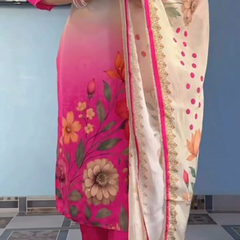 Elegant Pink Floral Printed Kurta Pant Dupatta Set for Women