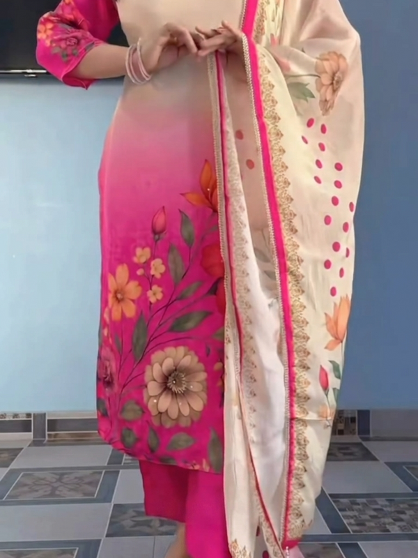 Elegant Pink Floral Printed Kurta Pant Dupatta Set for Women