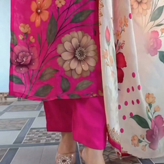 Elegant Pink Floral Printed Kurta Pant Dupatta Set for Women