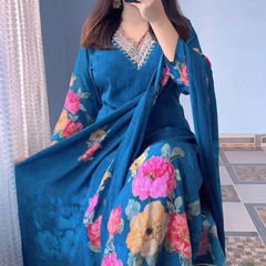 Elegant Deep Blue Floral Printed Anarkali Suit Set with Dupatta