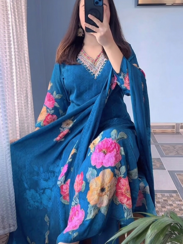 Elegant Deep Blue Floral Printed Anarkali Suit Set with Dupatta