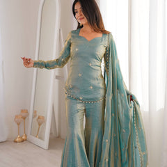 Elegant Sky Blue Silk Blend Sharara Suit Set for Women with Embroidered Dupatta