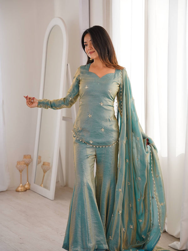 Elegant Sky Blue Silk Blend Sharara Suit Set for Women with Embroidered Dupatta