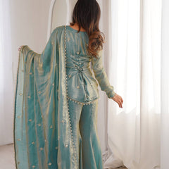 Elegant Sky Blue Silk Blend Sharara Suit Set for Women with Embroidered Dupatta