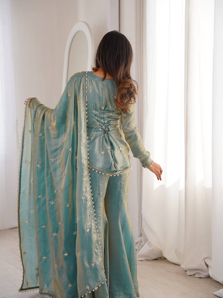 Elegant Sky Blue Silk Blend Sharara Suit Set for Women with Embroidered Dupatta
