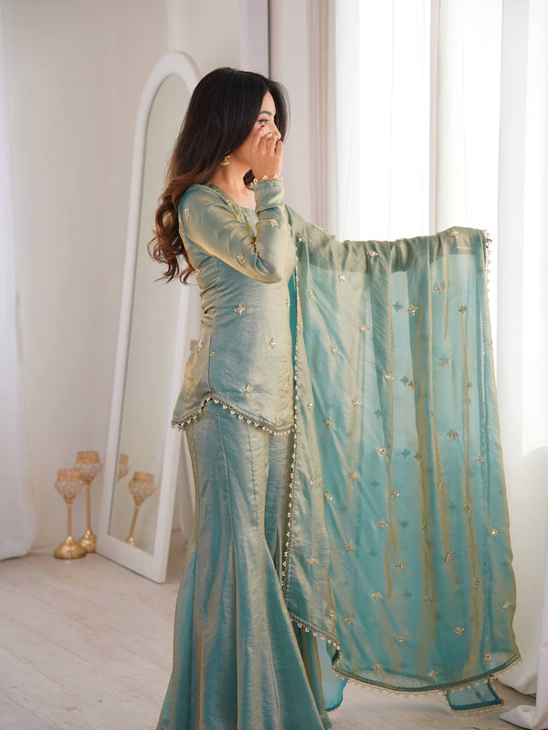 Elegant Sky Blue Silk Blend Sharara Suit Set for Women with Embroidered Dupatta