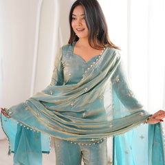 Elegant Sky Blue Silk Blend Sharara Suit Set for Women with Embroidered Dupatta