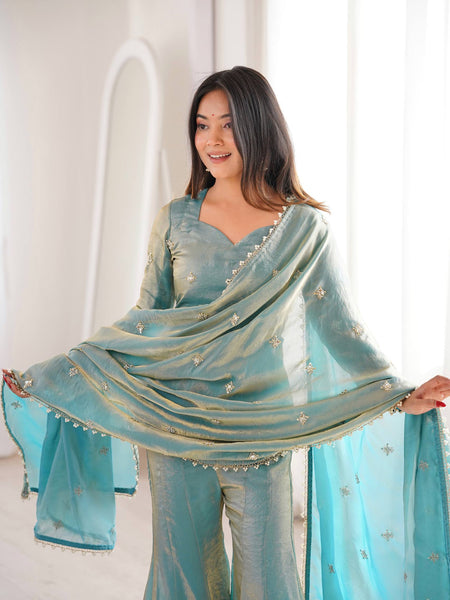 Elegant Sky Blue Silk Blend Sharara Suit Set for Women with Embroidered Dupatta