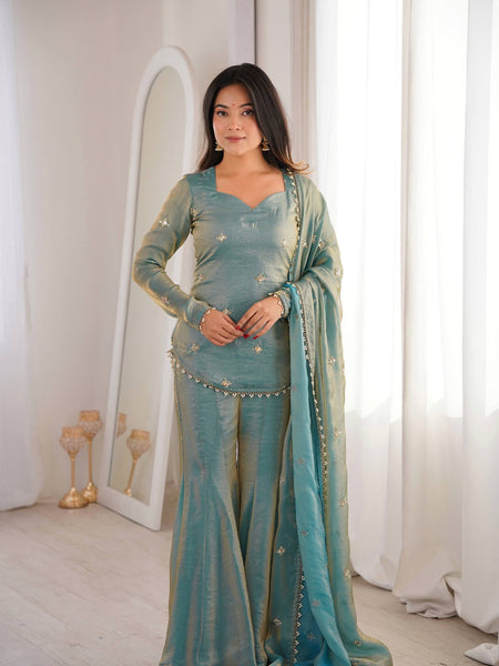 Elegant Sky Blue Silk Blend Sharara Suit Set for Women with Embroidered Dupatta