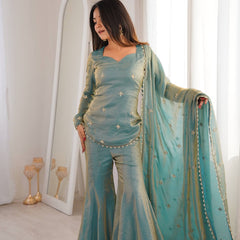 Elegant Sky Blue Silk Blend Sharara Suit Set for Women with Embroidered Dupatta