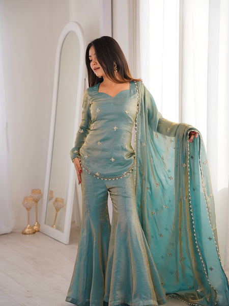 Elegant Sky Blue Silk Blend Sharara Suit Set for Women with Embroidered Dupatta