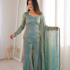 Elegant Sky Blue Silk Blend Sharara Suit Set for Women with Embroidered Dupatta