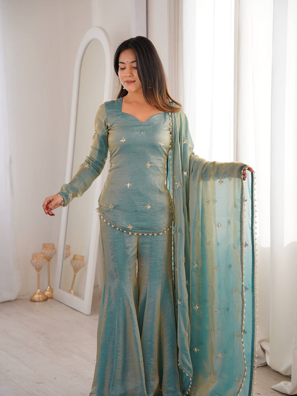 Elegant Sky Blue Silk Blend Sharara Suit Set for Women with Embroidered Dupatta