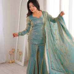 Elegant Sky Blue Silk Blend Sharara Suit Set for Women with Embroidered Dupatta