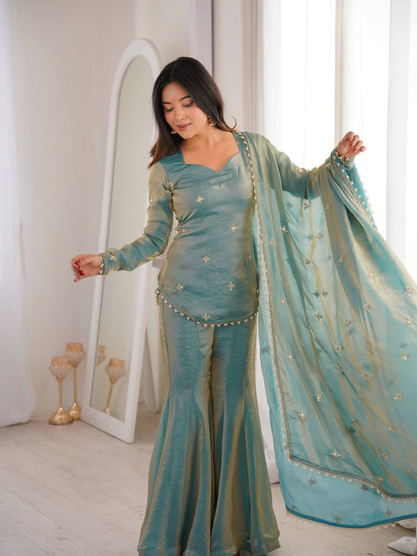 Elegant Sky Blue Silk Blend Sharara Suit Set for Women with Embroidered Dupatta