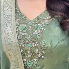 Royal Sage Green Embroidered Ethnic Suit Set with Elegant Dupatta