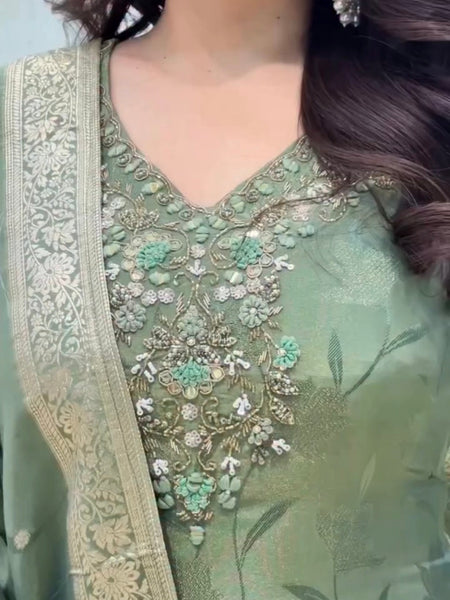 Royal Sage Green Embroidered Ethnic Suit Set with Elegant Dupatta