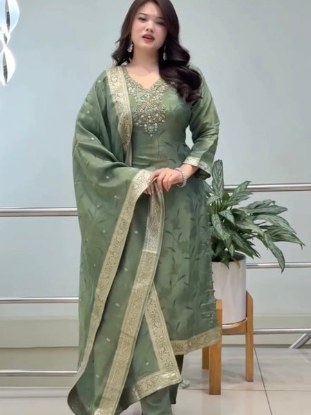 Royal Sage Green Embroidered Ethnic Suit Set with Elegant Dupatta
