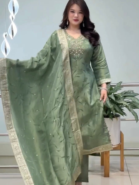 Royal Sage Green Embroidered Ethnic Suit Set with Elegant Dupatta