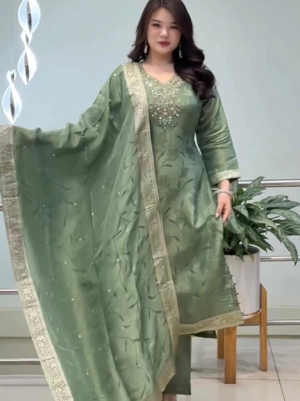 Royal Sage Green Embroidered Ethnic Suit Set with Elegant Dupatta