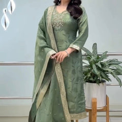 Royal Sage Green Embroidered Ethnic Suit Set with Elegant Dupatta