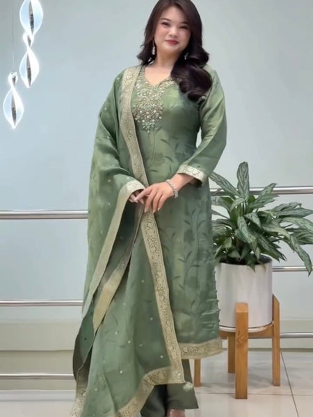 Royal Sage Green Embroidered Ethnic Suit Set with Elegant Dupatta