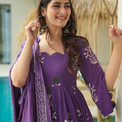 Purple Printed Cotton Anarkali Suit Set