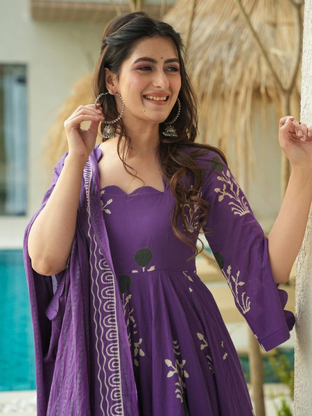 Purple Printed Cotton Anarkali Suit Set
