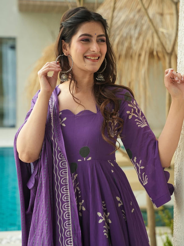 Purple Printed Cotton Anarkali Suit Set