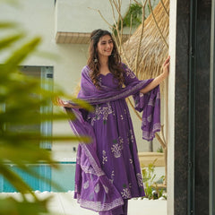 Purple Printed Cotton Anarkali Suit Set
