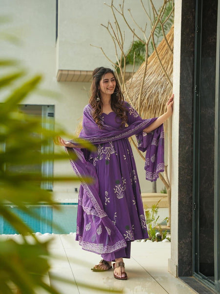 Purple Printed Cotton Anarkali Suit Set