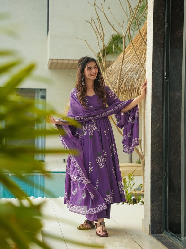 Purple Printed Cotton Anarkali Suit Set