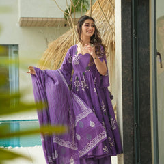 Purple Printed Cotton Anarkali Suit Set