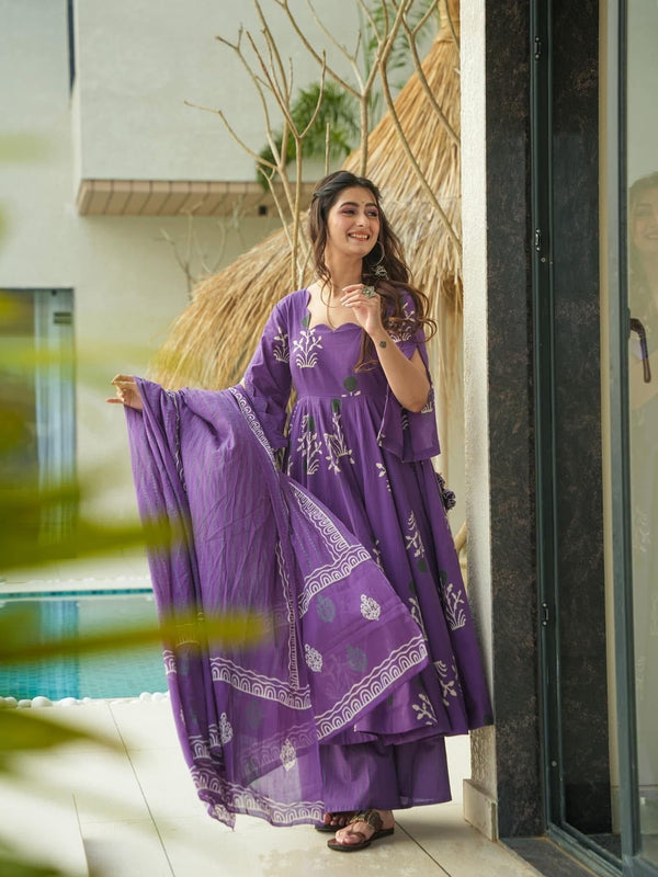 Purple Printed Cotton Anarkali Suit Set
