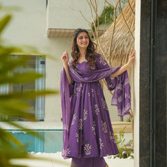 Purple Printed Cotton Anarkali Suit Set