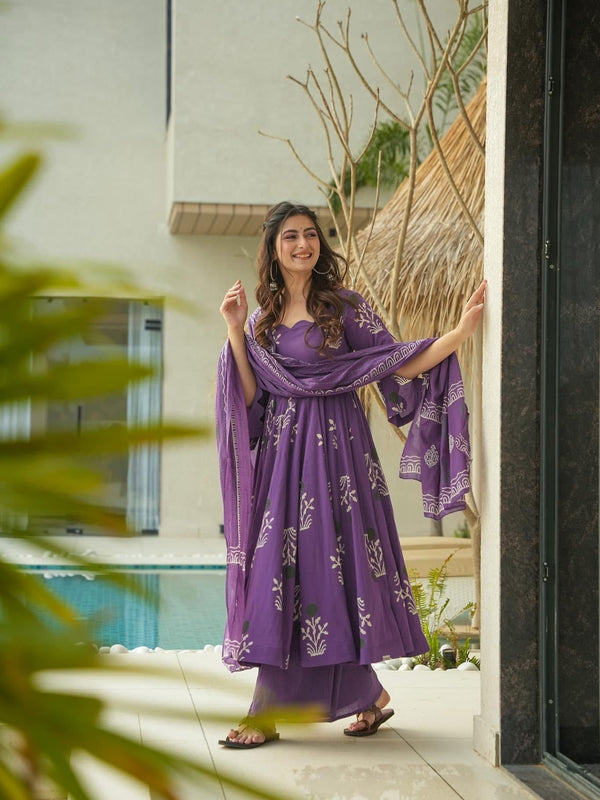 Purple Printed Cotton Anarkali Suit Set