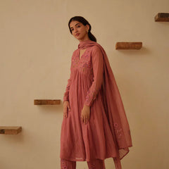 Elegant Dusty Rose Embroidered Anarkali Kurta Set with Dupatta for Women