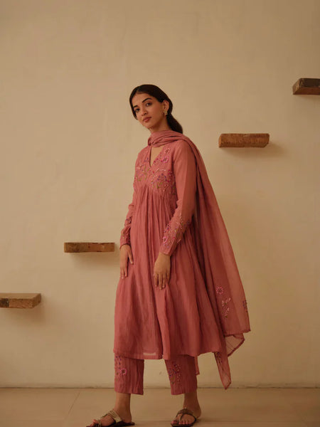 Elegant Dusty Rose Embroidered Anarkali Kurta Set with Dupatta for Women