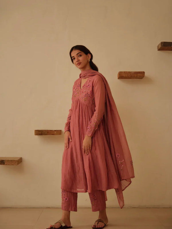 Elegant Dusty Rose Embroidered Anarkali Kurta Set with Dupatta for Women