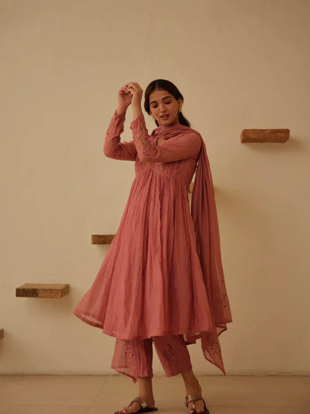 Elegant Dusty Rose Embroidered Anarkali Kurta Set with Dupatta for Women