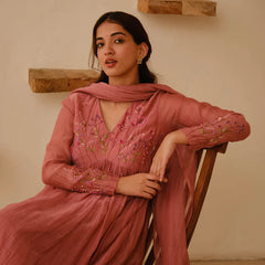 Elegant Dusty Rose Embroidered Anarkali Kurta Set with Dupatta for Women