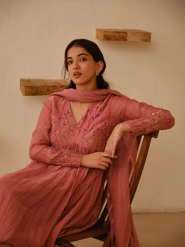 Elegant Dusty Rose Embroidered Anarkali Kurta Set with Dupatta for Women