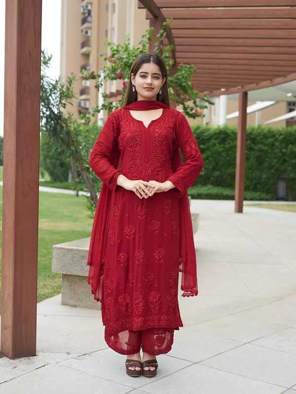 Elegant Olive Green Floral Embroidered Kurta Pant Set with Dupatta